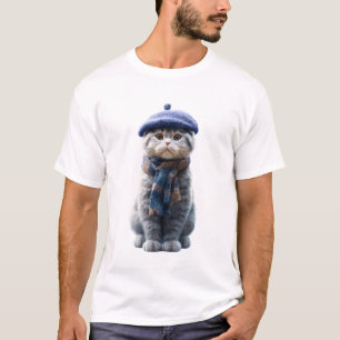 Adorable Scottish Fold Cat in Blue Beret and Knitt T-Shirt