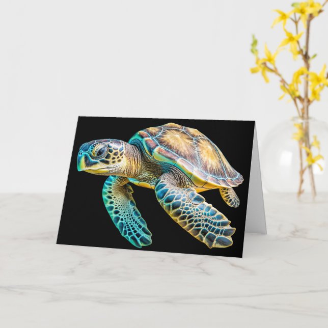 Adorable Sea Turtle Happy Birthday Card (Yellow Flower)