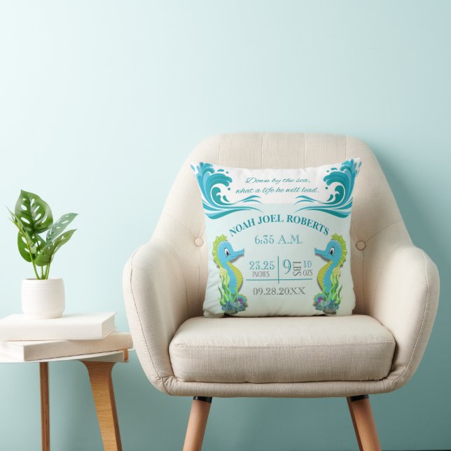 Adorable Seahorse Birth Announcement Pillow (Boy) (Chair)