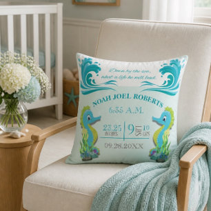 Adorable Seahorse Birth Announcement Pillow (Boy)