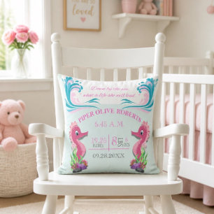 Adorable Seahorse Birth Announcement Pillow (Girl)