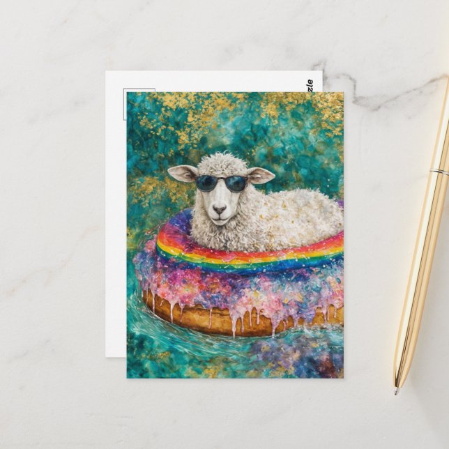 Adorable Sheep on a Float Trip Postcard (Front/Back In Situ)