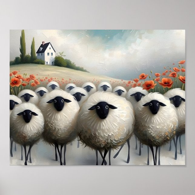Adorable Sheep Poppy Field and a House Poster (Front)