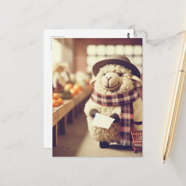 Adorable Sheep Shopping  Postcard (Front/Back In Situ)