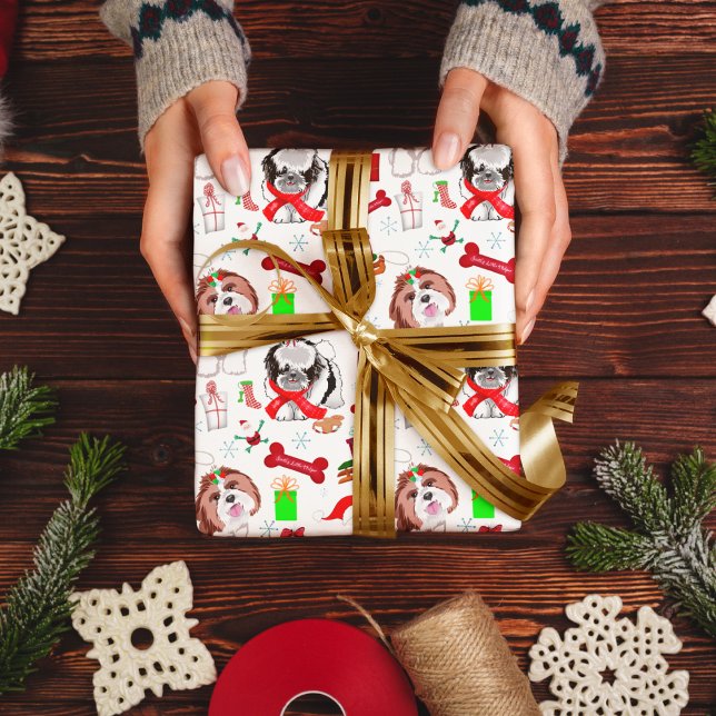 Adorable Shih Tzu Christmas Seamless Pattern Wrapping Paper Sheet (Sweet Yorkie Christmas Love!)