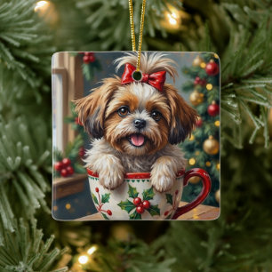 Adorable Shih Tzu Dog in Christmas Mug Cosy Art Ceramic Ornament