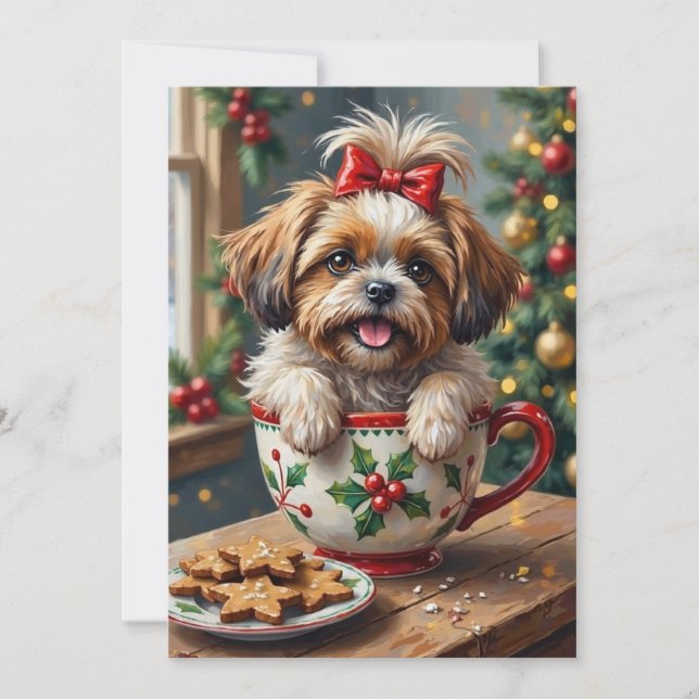 Adorable Shih Tzu Dog in Christmas Mug Cozy Art Holiday Card (Front)