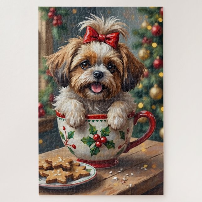 Adorable Shih Tzu Dog in Christmas Mug Cozy Art Jigsaw Puzzle (Vertical)