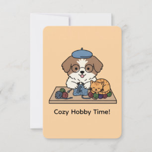 Adorable Shih Tzu Knitting with Cat Companion Card