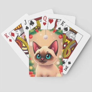 Adorable Siamese Cat with Christmas Decorations Playing Cards