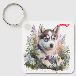 Adorable Siberian Husky Puppy Dog Key Ring
