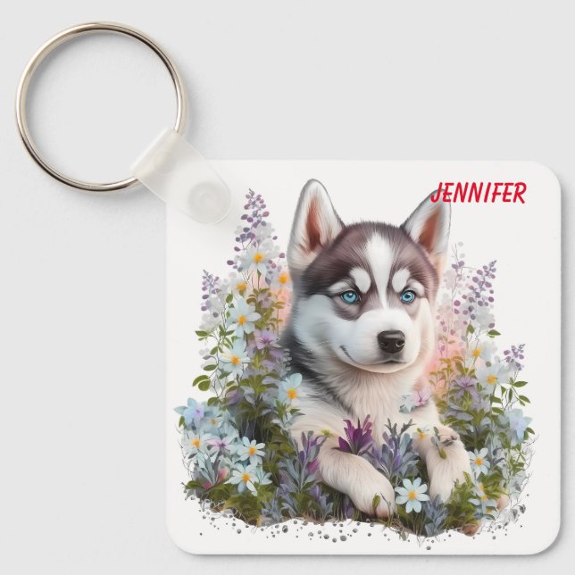 Adorable Siberian Husky Puppy Dog Key Ring (Front)