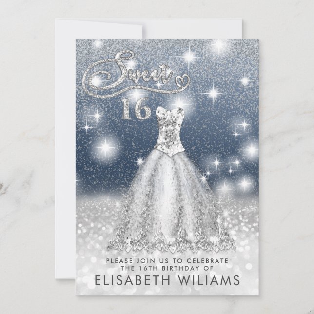 Adorable silver dress charming  glittery ombre invitation (Front)