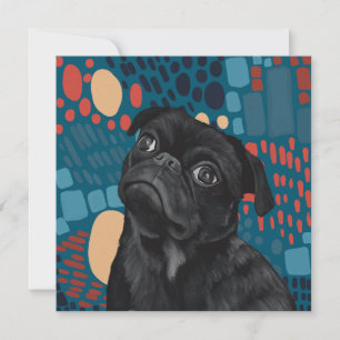 Adorable Sitting Black Pug Dog on Blue Abstract 