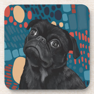 Adorable Sitting Black Pug Dog on Blue Abstract Coaster
