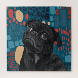 Adorable Sitting Black Pug Dog on Blue Abstract  Jigsaw Puzzle