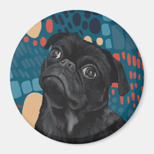 Adorable Sitting Black Pug Dog on Blue Abstract Magnet