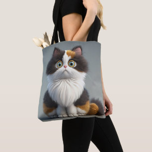 ADORABLE SITTING CARTOON CALICO CAT  TOTE BAG