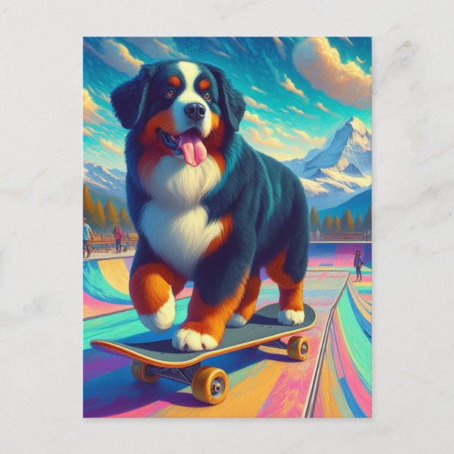 Adorable Skateboarding Bernese Mountain Dog Postcard (Front)