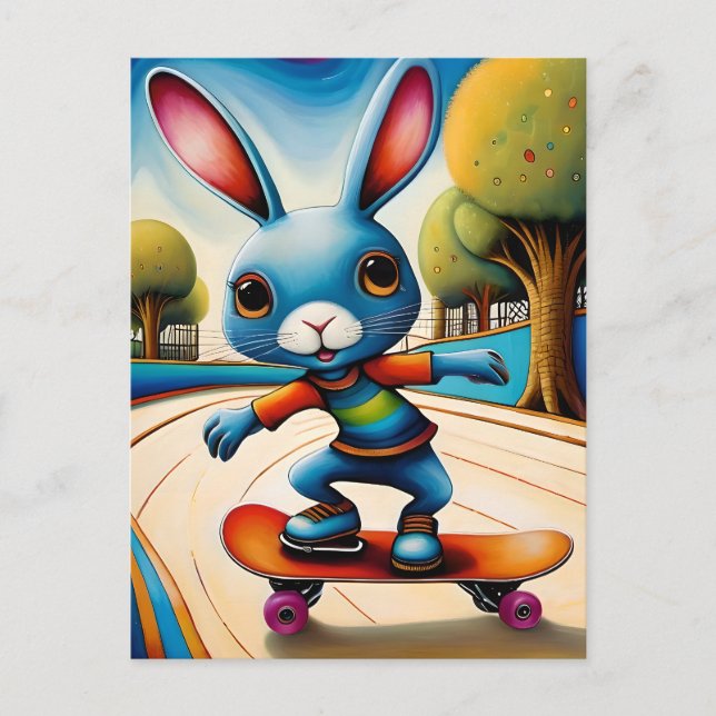 Adorable Skateboarding Rabbit Postcard (Front)