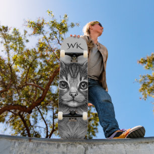 Adorable Sketch of Young Cat Monogram Skateboard