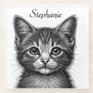 Adorable Sketch of Young Cat Personal Glass Coaster