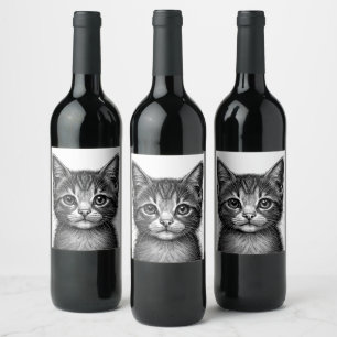Adorable Sketch of Young Cat   Wine Label
