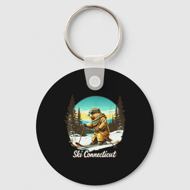 Adorable skiing beaver illustration connect with key ring (Front)