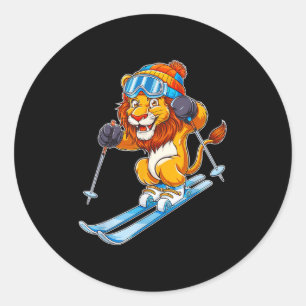 Adorable Skiing Lion Winter Sports Classic Round Sticker