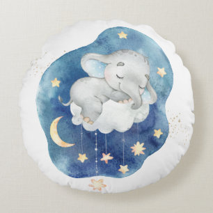 Adorable Sleeping Baby Elephant Stars Boy Nursery Round Cushion