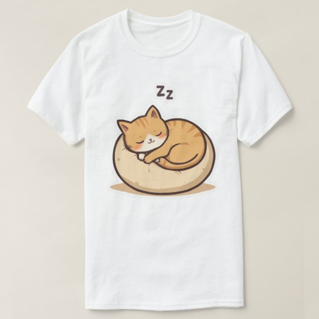 Adorable Sleeping Cat – Cute Cartoon Kitty on Cosy T-Shirt (Design Front)