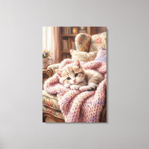 Adorable Sleeping Kitten on Teddy Bear Oil Paintin Canvas Print