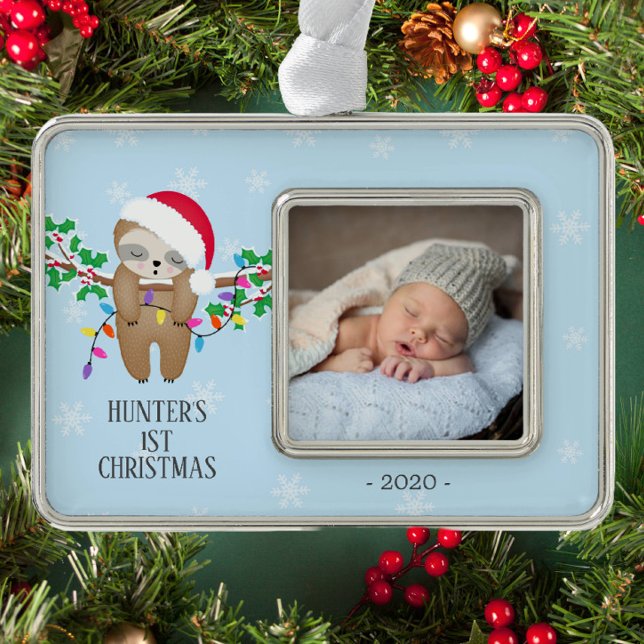 Adorable Sleeping Sloth First Christmas Photo Silver Plated Framed Ornament (Creator Uploaded)