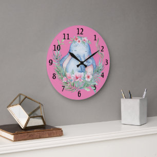 Adorable Sleepy Elephant PInk Floral Baby Nursery Large Clock