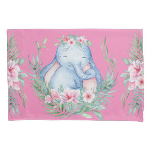 Adorable Sleepy Elephant PInk Floral Kids Room Pillowcase
