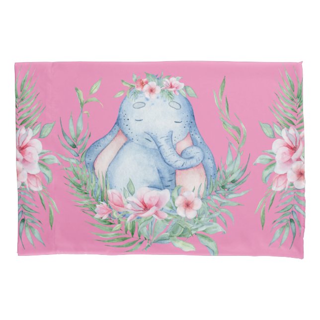 Adorable Sleepy Elephant PInk Floral Kids Room Pillowcase (Front-Left)
