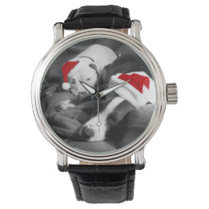 adorable sleepy pitbull puppies christmas santa watch