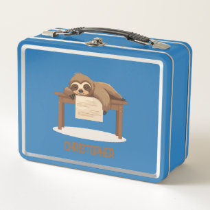 Adorable Sleepy Studying Sloth with Kids Name Metal Lunch Box