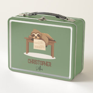 Adorable Sleepy Studying Sloth with Kids Name Metal Lunch Box