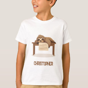Adorable Sleepy Studying Sloth with Kids Name T-Shirt
