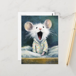 Adorable Sleepy White Mouse in PJs  Postcard