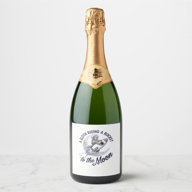 Adorable Sloth Astronaut Riding Sparkling Wine Label (Front)