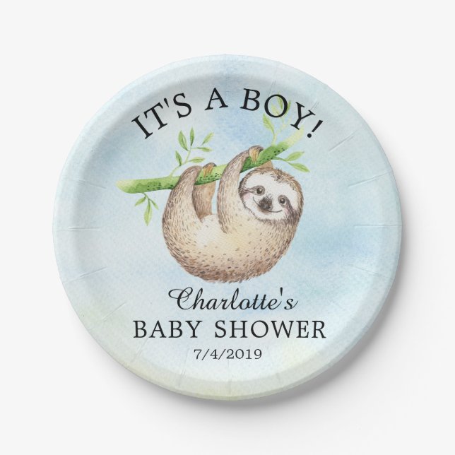 Adorable Sloth Baby Shower 7" Plate (Front)