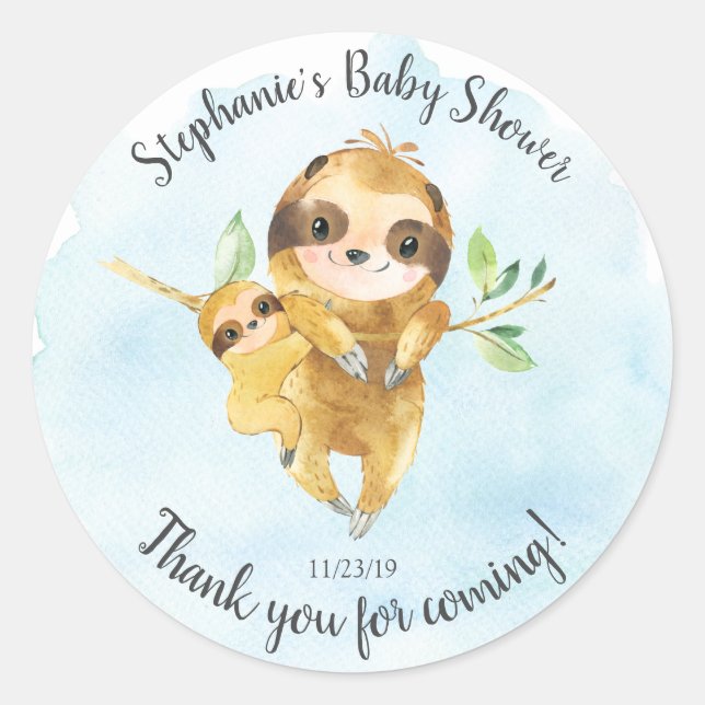 Adorable Sloth Baby Shower Favour Sticker (Front)