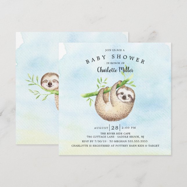 Adorable Sloth Baby Shower Invitation (Front/Back)