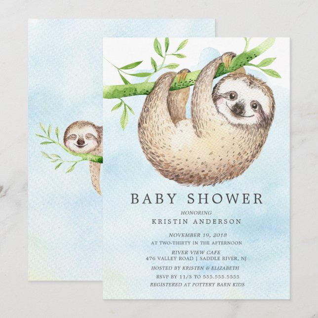 Adorable Sloth Baby Shower Invitation (Front/Back)