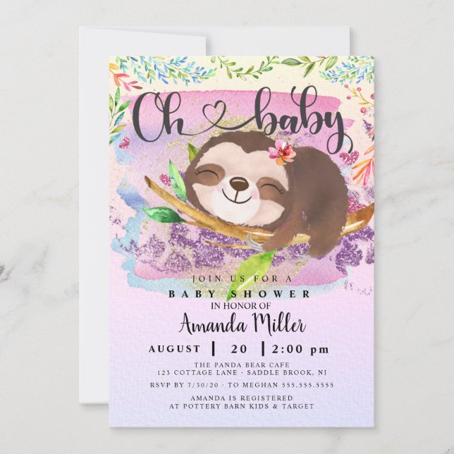 Adorable Sloth Baby Shower Invitation (Front)