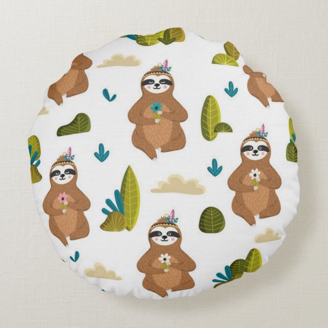 Adorable Sloth Bedroom Decor Round Cushion (Back)