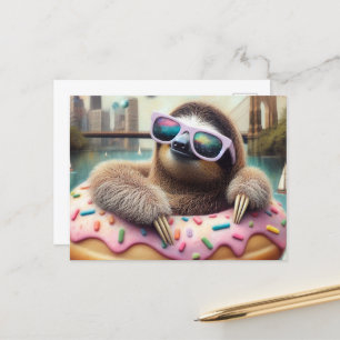 Adorable Sloth floating in a Doughnut  Postcard