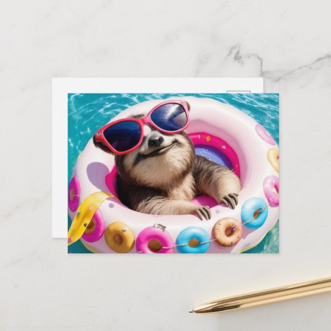 Adorable Sloth floating in a Doughnut  Postcard (Front/Back In Situ)